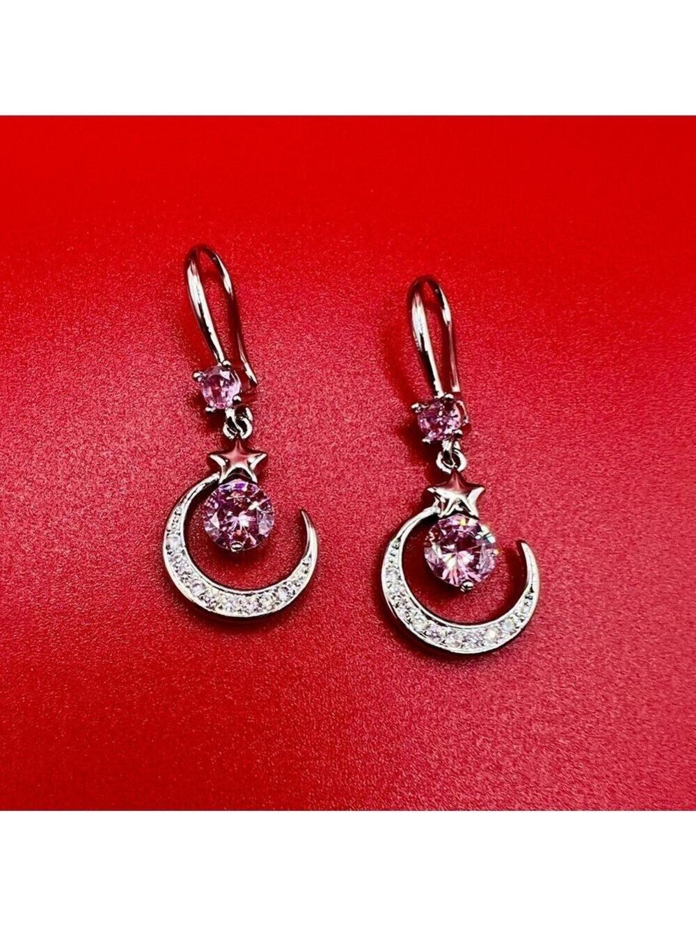S925 Sterling Silver Pink Zircon Crescent Moon Earrings